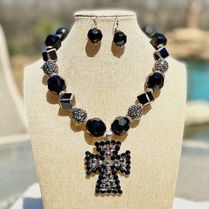 Cross Necklace Statement Set Large Hand Beaded Sparkle Bling Christian Dressy